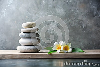 Stack stones platform podium and flower on gray light copy space background. Minimal empty display product presentation scene Stock Photo