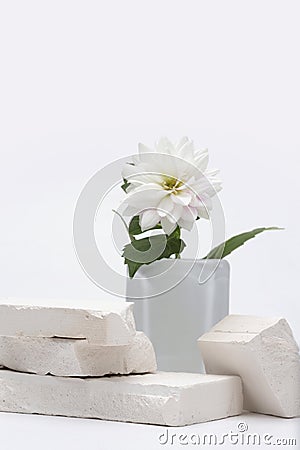 Stack stones platform podium and flower on gray light copy spase background. Minimal empty display product presentation scene Stock Photo