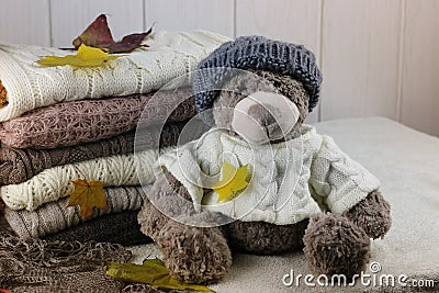 Stack sweaters knitted autumn concept Stock Photo