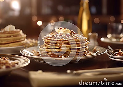 Stack of sweet buttermilk morning pancakes.Macro.AI Generative Stock Photo