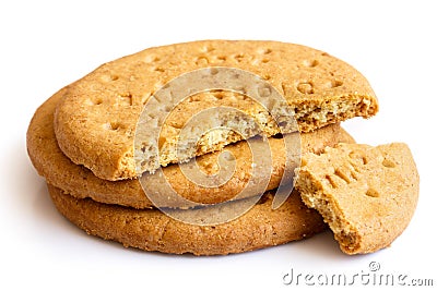 Stack of sweetmeal digestive biscuits isolated on white. Stock Photo