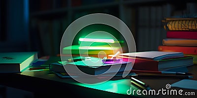 A stack of textbooks and papers on a desk with a highligh two created with generative AI Stock Photo