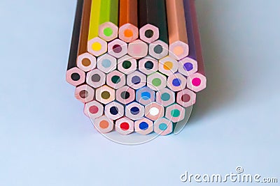 Stack of Thirty-six Colours Hexagonal Shape Colouring Pencils wit Smooth Texture Stock Photo