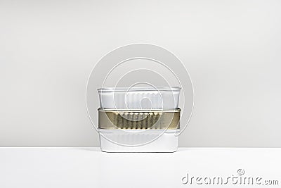 A stack of three canned food tins Stock Photo