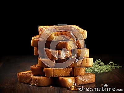 a stack of toast with syrup being poured Stock Photo