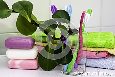 a stack of towels pieces of soap toothbrushes in a glass and a houseplant on the bathroom table Stock Photo