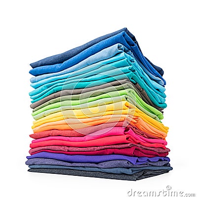 Stack tower of colorful t-shirt isolated on white background. File contains a path to isolation Stock Photo