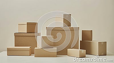 Stack of various sized cardboard boxes arranged on a plain background, suggesting moving, storage or shipping concepts. Stock Photo