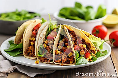 stack of vegan tacos with corn, lettuce and tomatoes on a white plate Stock Photo