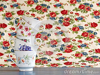 Stack of vintage tea cups Stock Photo