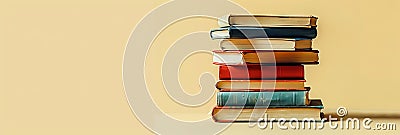Stack of vivid books. A neat pile of vintage reading books on yellow background. Concept of academic collection Stock Photo