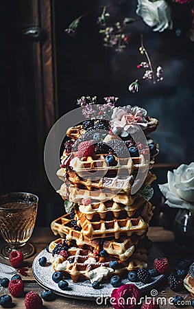 A stack of waffles sitting on top of a table a colorized photo, Stock Photo