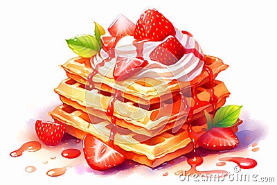 Stack of waffles with whipped cream, mint leaves and strawberries on white background Cartoon Illustration