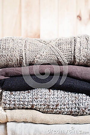 Stack Warm Knitted Sweaters From Wood Yarn Brown Beige Grey. Eco Fashion Kinfolk Style. Natural Materials Stock Photo