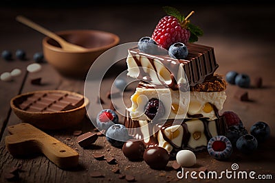 Stack of white, milk, dark chocolate, nuts, caramel, fruits, berries on wooden Stock Photo