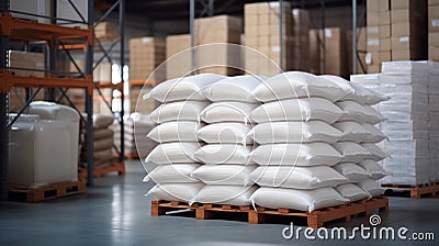 White Sacks in Large Warehouse Stock Photo