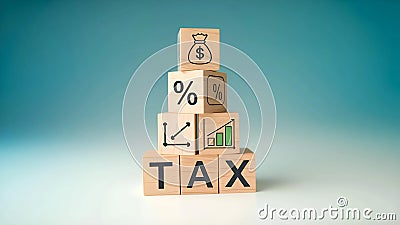 A stack of wooden blocks, each with a different symbol, representing a financial concept. The bottom block spells out TAX, and the Stock Photo