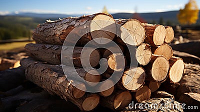 A stack of wooden logs. Wood texture. Generative AI. Stock Photo