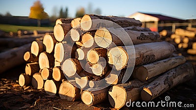 A stack of wooden logs. Wood texture. Generative AI. Stock Photo