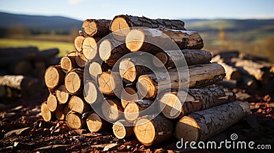 A stack of wooden logs. Wood texture. Generative AI. Stock Photo