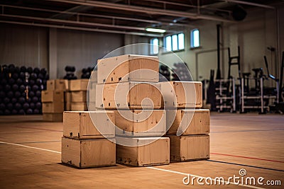 stack of wooden plyometric boxes in a gym Stock Photo