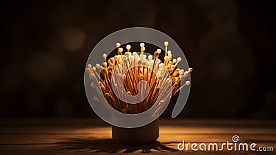A stack of wooden skewers illuminated by warm, soft lighting, creating a visually pleasing and inviting scene Stock Photo
