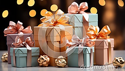 A stack of wrapped gift boxes, shiny and colorful generated by AI Stock Photo