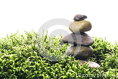 Stack of zen stones in green moss on white background. Natural backdrop for your design Stock Photo