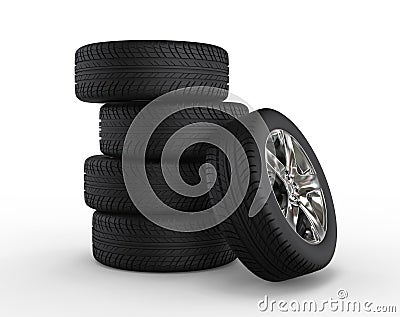 Stacked car wheels and tires Stock Photo
