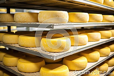 stacked cheese rounds in a climate-controlled room Stock Photo