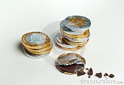 Stacked chocolate euro coins, investment concept Stock Photo