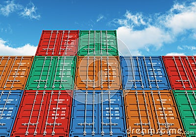 Stacked color cargo containers over the blue sky Stock Photo