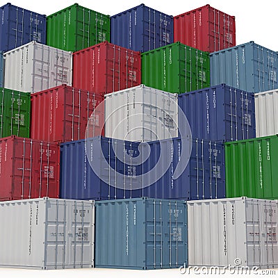 Stacked color cargo containers over white 3D Illustration Stock Photo