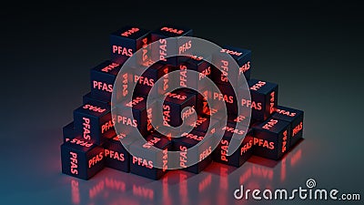 Stacked cubes with a PFAS word on it. 3D rendered illustration Cartoon Illustration