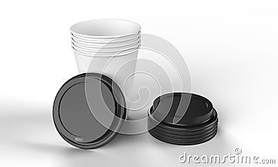 Stacked disposable paper coffee cups with stacked black plastic lids. Cartoon Illustration