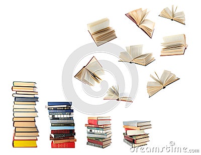 Stacked and flying books on white background, collage Stock Photo