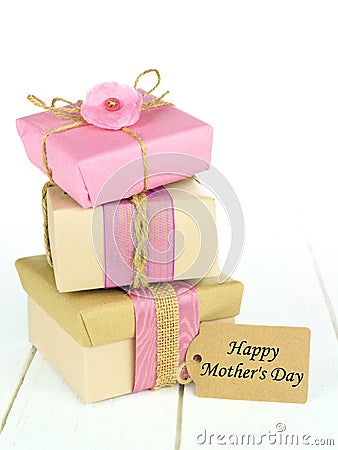 Stacked gifts with Happy Mother's Day tag Stock Photo