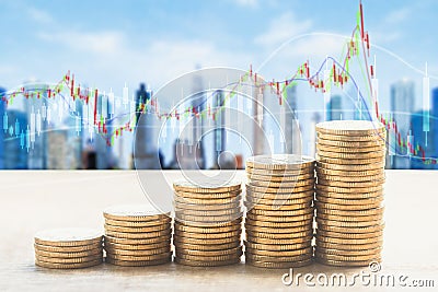 Stacked gold COINS and virtual city financial center background, financial concept creative map. Stock Photo