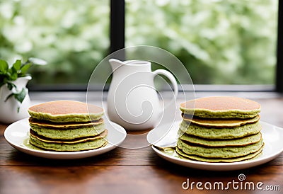 Stacked high: Matcha tea pancakes ready to gobble up Stock Photo