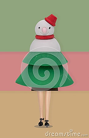 Stacked images of snowman, pine tree, legs of doll for christmas Stock Photo