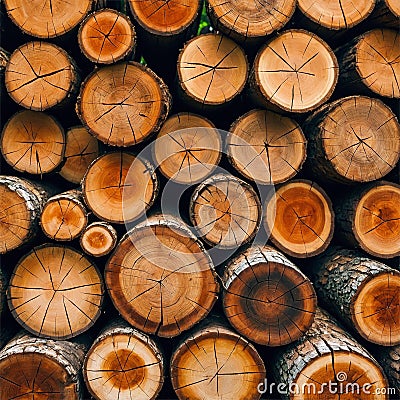 Stacked Logs in a Forest with Greenery in the Background, Forest Damage Due to Illegal Logging Stock Photo