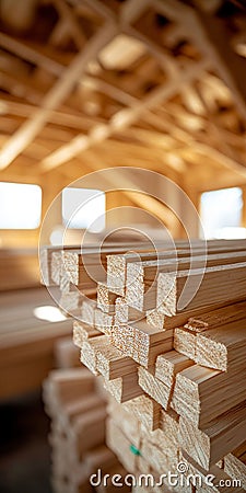 Stacked lumber or timber for building verandas, rows of wooden planks background, perspective view Stock Photo