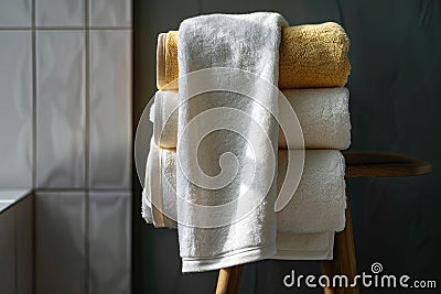 Stacked luxury bath towels on wooden stool Stock Photo