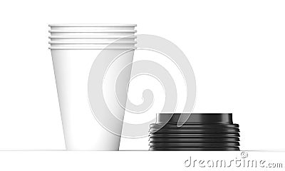 Stacked Paper Cups with Plastic Stacked Plastic Lids. Front View. Cartoon Illustration