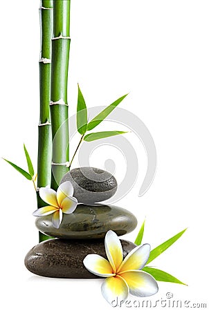 Stacked pebbles, frangipani flowers and bamboo stem and leaves Stock Photo