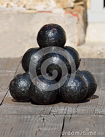 Stacked pile of old cannonballs Stock Photo