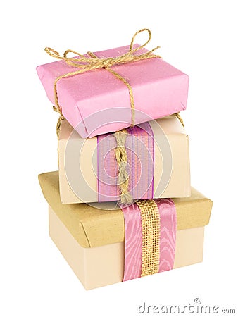 Stacked pink and brown gift boxes Stock Photo