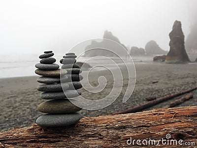 Stacked Rocks on a Foggy Ruby Beach Stock Photo