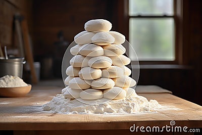 stacked rounds of raw cake dough on a wooden table Stock Photo