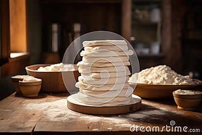 stacked rounds of raw cake dough on a wooden table Stock Photo